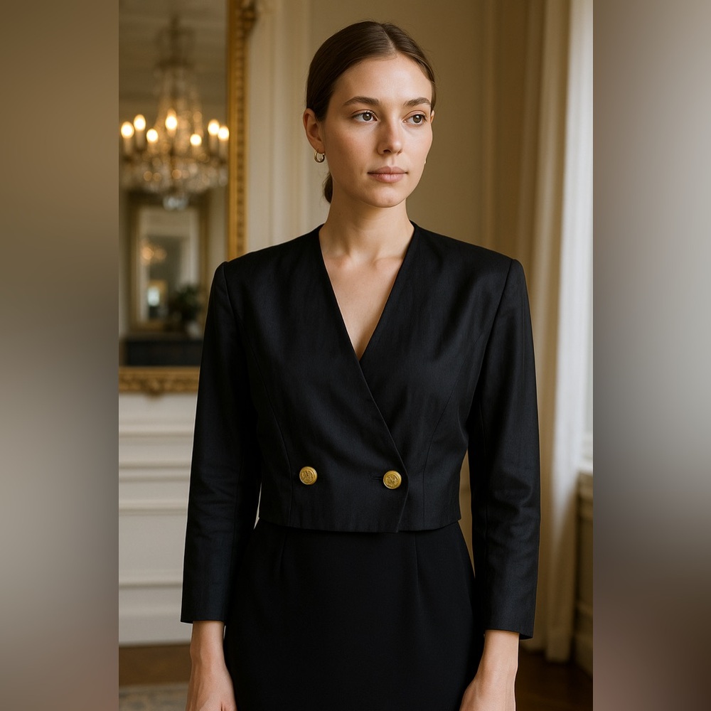 Vintage Eleanor P Brenner 100% Silk Black Double-Breasted Cropped Blazer Size 6
